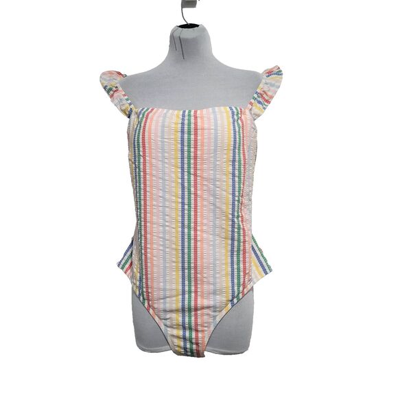 J. Crew Other - J crew Striped Seersucker Swimsuit 1pc 12 Rainbow Stretch Flutter Sleeves Preppy